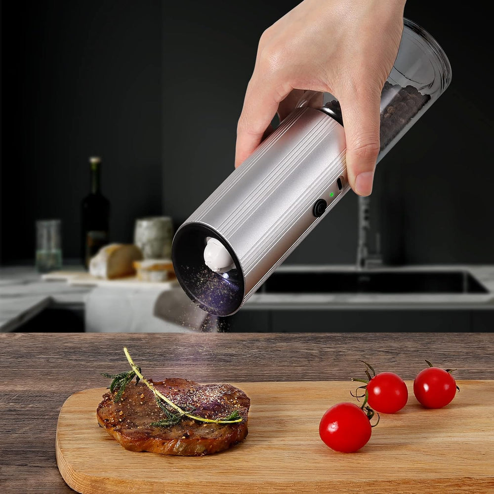 GRAVIMILL V2 - Rechargeable Electric Salt and Pepper Grinder Set with LED Light - Sliver