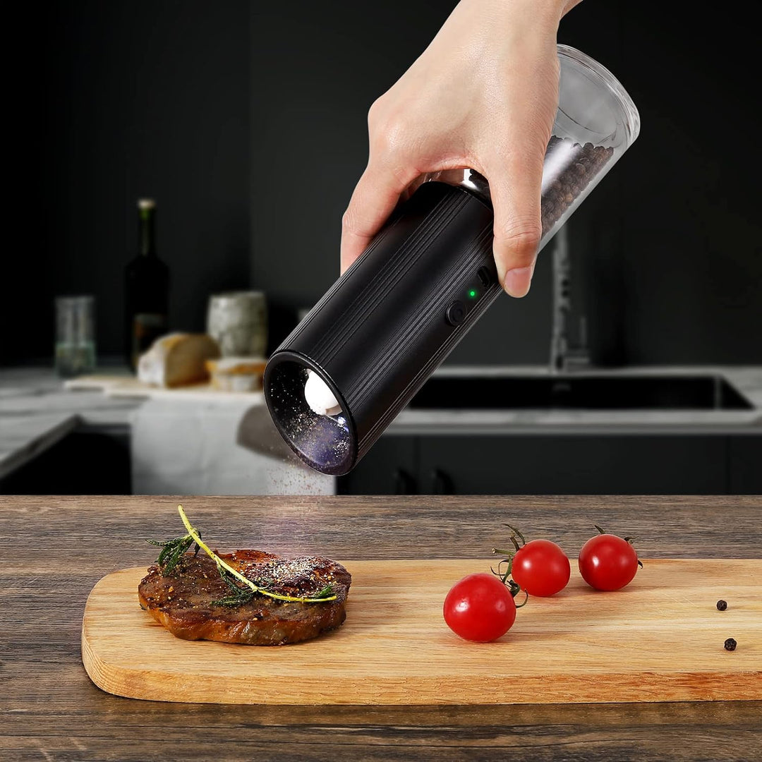 GRAVIMILL V2 - Rechargeable Electric Salt and Pepper Grinder Set with LED Light - Black