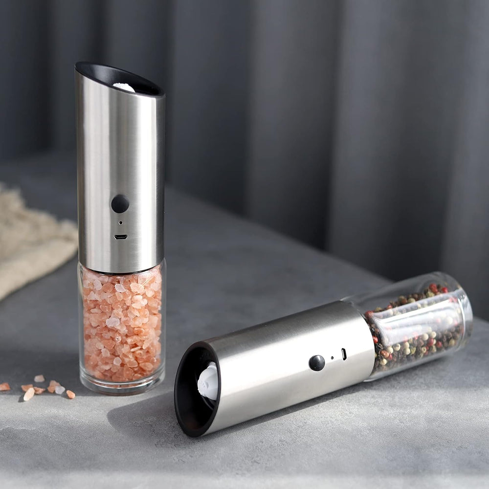 GRAVIMILL - Rechargeable Gravity Salt & Pepper Grinder Set with LED Light - Stainless Steel