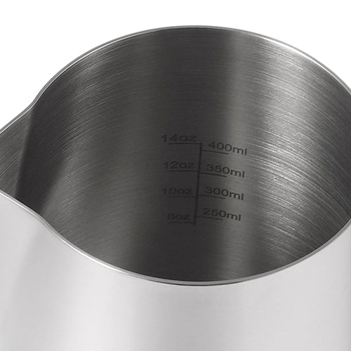 Interior view of the VEVOK CHEF stainless steel milk frothing pitcher, showcasing its smooth, polished surface for easy cleaning and superior milk frothing performance.