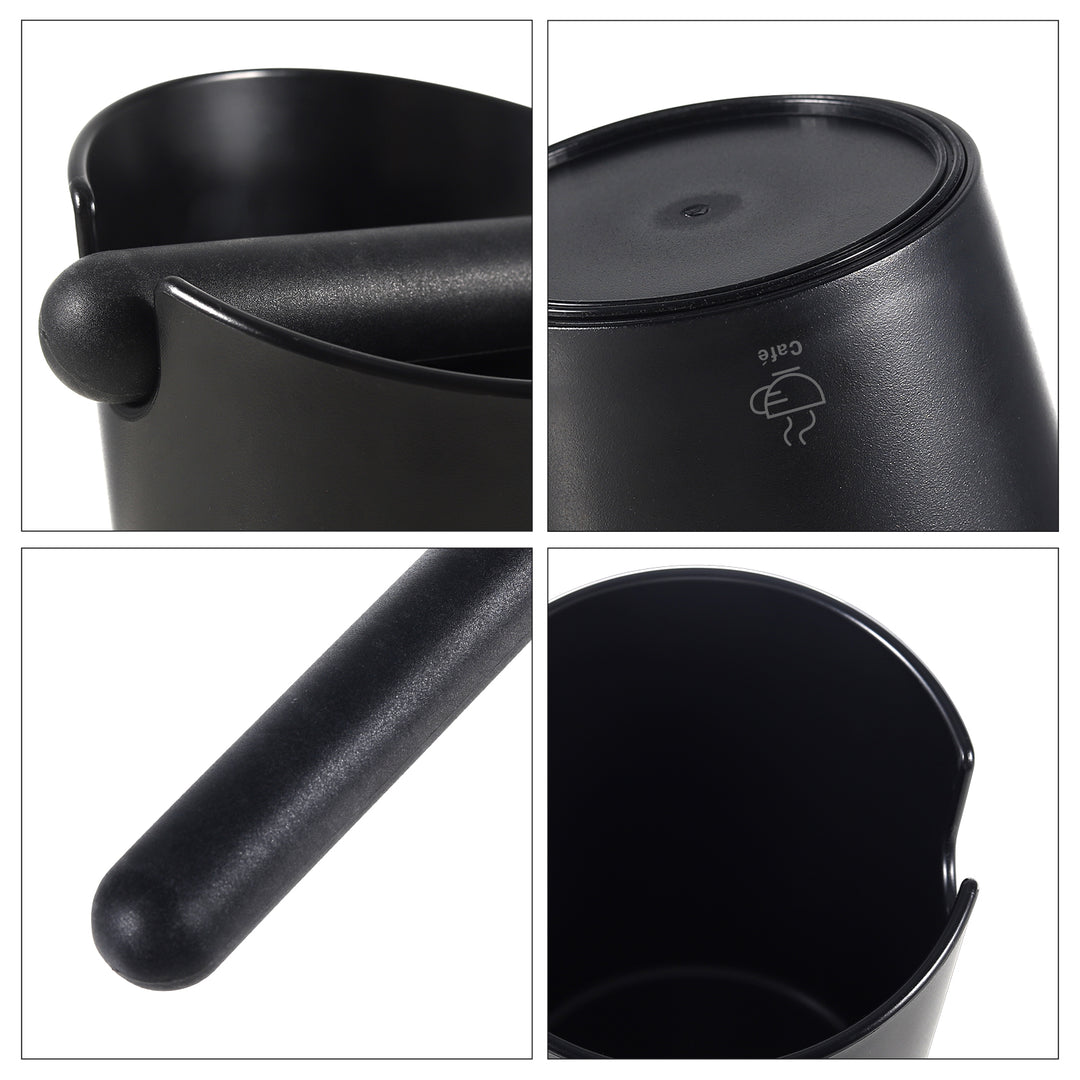 Detailed view of the VEVOK CHEF Coffee Knock Box showcasing four key features: the durable silicone knock bar for quiet performance, the removable components for easy cleaning, the bottom silicone protective ring for stability, and the ergonomic design for comfortable use.