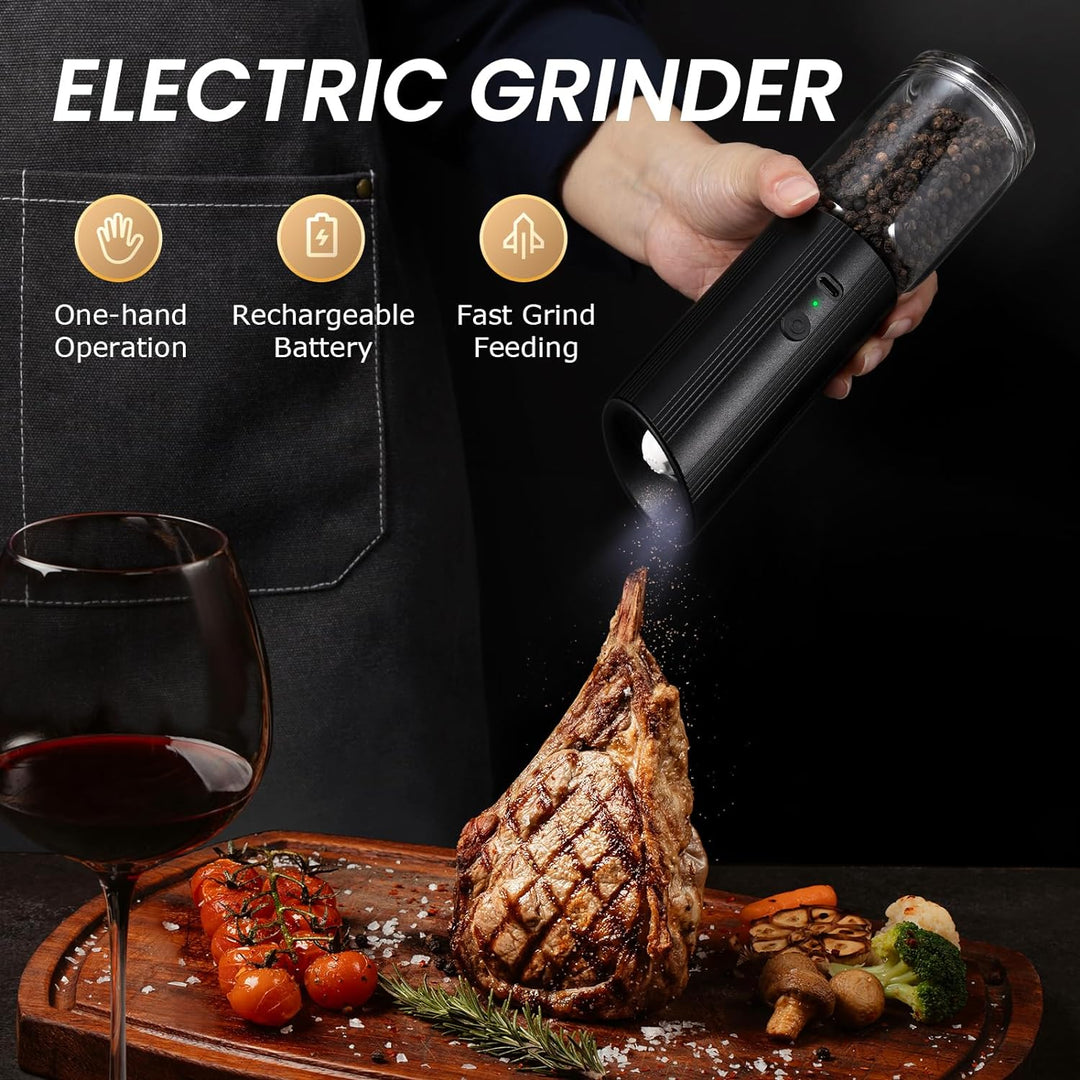 GRAVIMILL V2 - Rechargeable Electric Salt and Pepper Grinder Set with LED Light - Black