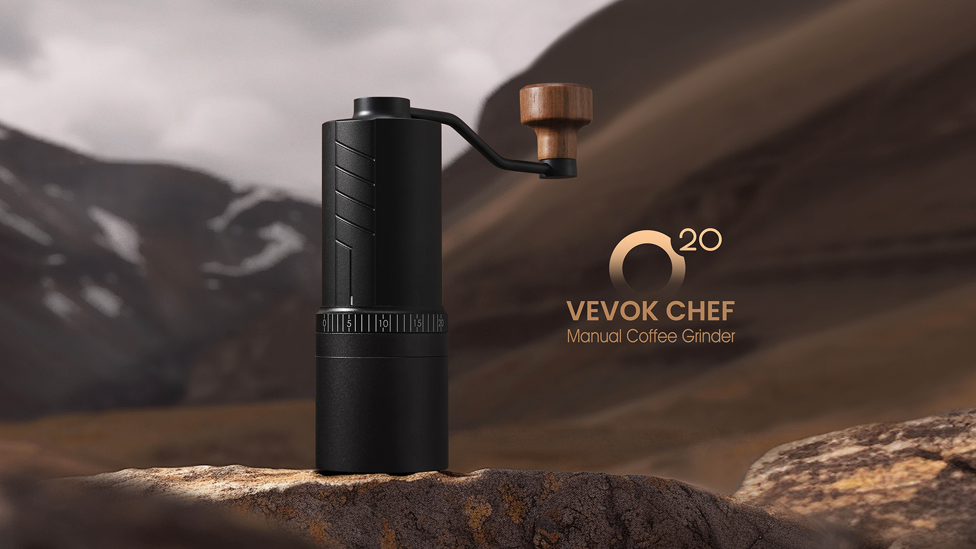 VEVOK CHEF O20 manual coffee grinder placed on a rock with a breathtaking mountain and river backdrop. The image conveys a sense of adventure and freedom, showcasing the outdoor coffee grinder's durability and portability for coffee lovers in the wild.