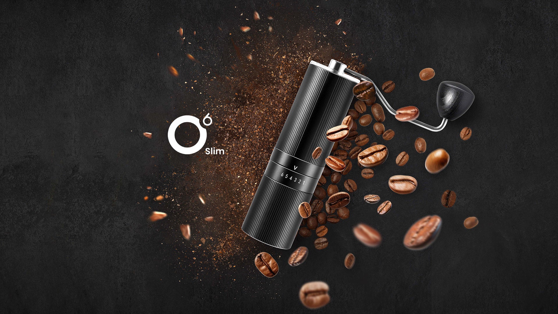 VEVOK CHEF O6 Slim manual coffee grinder on a black background, with coffee beans exploding into freshly ground coffee powder. Precise and efficient grinder, perfect for espresso, pour-over, French press, and cold brew. High-quality coffee grinder for home brewing.